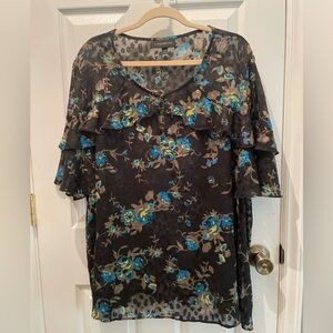 Lane Bryant Sheer Floral Ruffle Top Black Blue Size 26